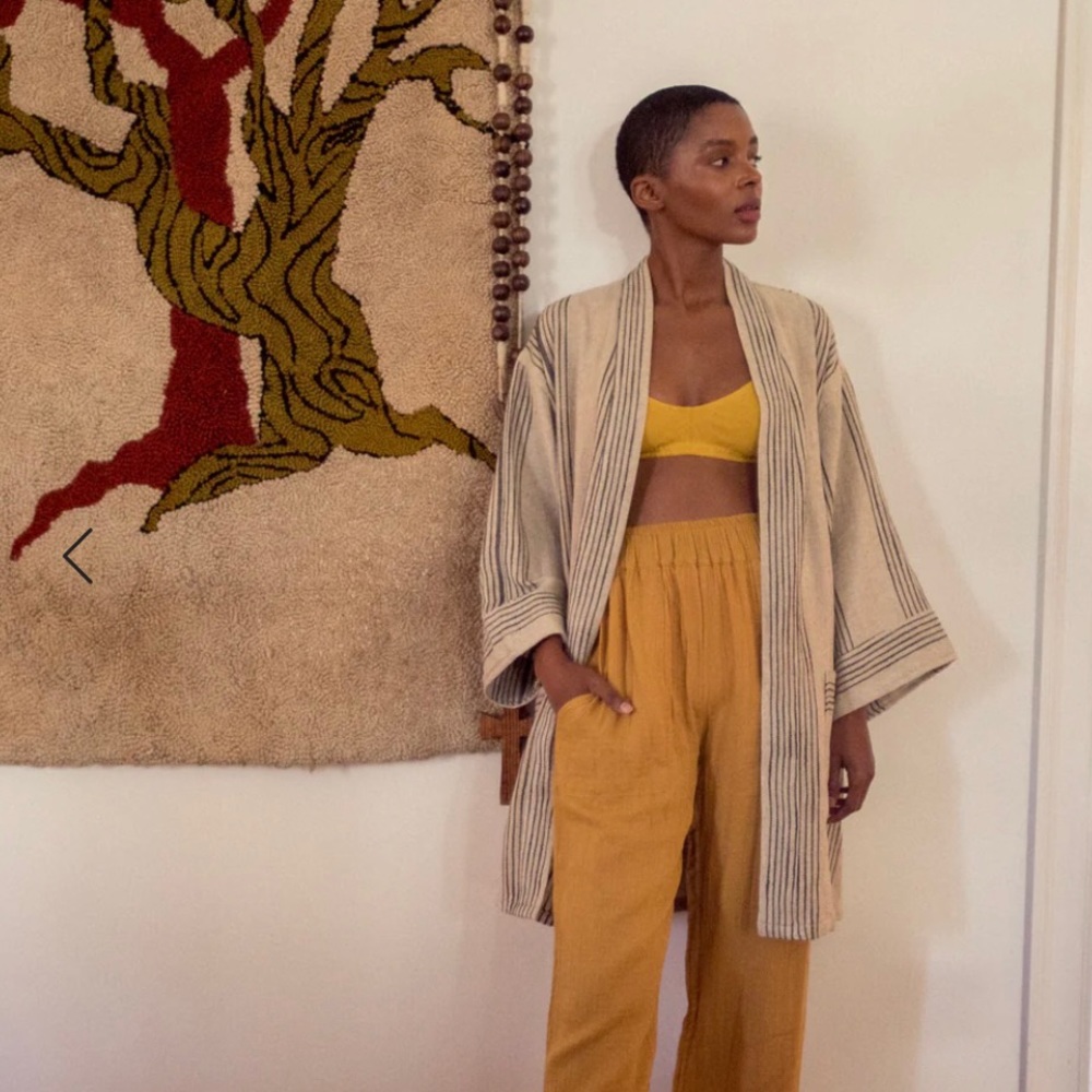 Oddbird Co. Beige and charcoal striped Fener Linen Kisa-Cut Robe